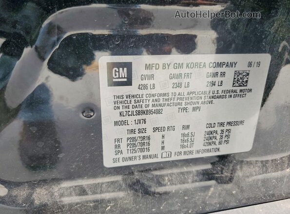 KL7CJLSB9KB954082 2019 CHEVROLET TRAX Черный Вид наклейки с VIN-кодом