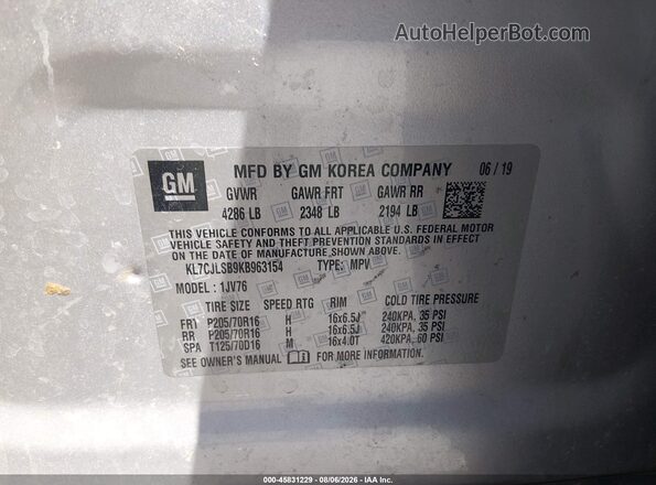 KL7CJLSB9KB963154 2019 CHEVROLET TRAX Серебряный Вид подкапотного пространства