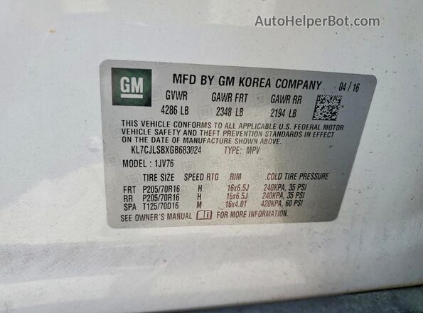 KL7CJLSBXGB683024 2016 CHEVROLET TRAX Белый Вид наклейки с VIN-кодом