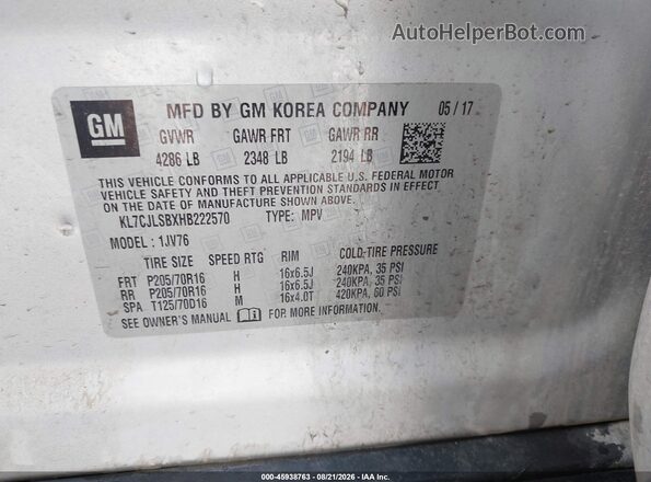 KL7CJLSBXHB222570 2017 CHEVROLET TRAX Silver Շարժիչի բաժամունքի տեսք