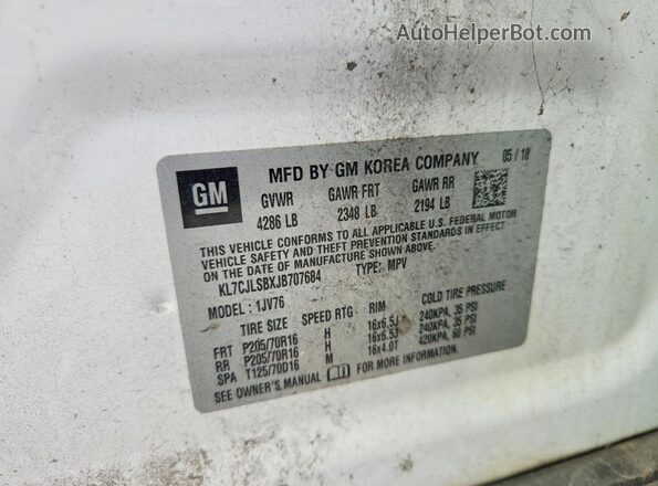 KL7CJLSBXJB707684 2018 CHEVROLET TRAX Белый 