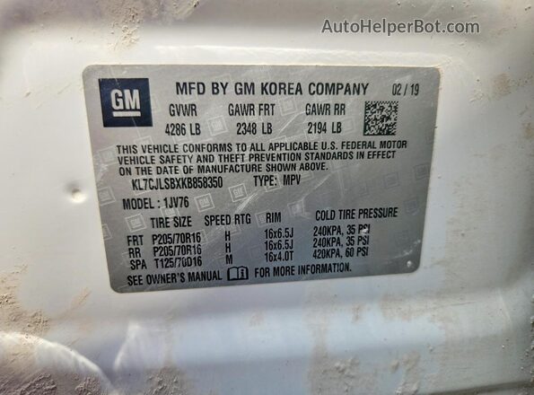 KL7CJLSBXKB858350 2019 CHEVROLET TRAX Белый Вид наклейки с VIN-кодом
