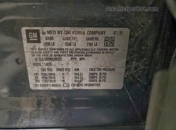KL7CJLSBXMB309251 2021 CHEVROLET TRAX Gray VIN კოდის სტიკერის ხედი