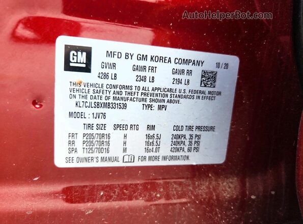 KL7CJLSBXMB331539 2021 CHEVROLET TRAX Red Widok komory silnika
