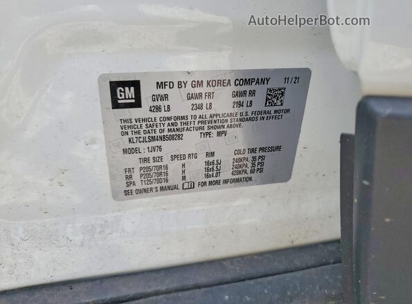 KL7CJLSM4NB508282 2022 CHEVROLET TRAX White VIN կոդի պիտակի տեսք