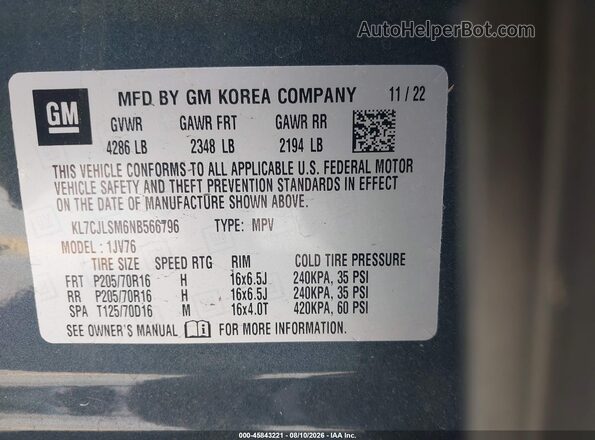 KL7CJLSM6NB566796 2022 CHEVROLET TRAX Серый Вид подкапотного пространства