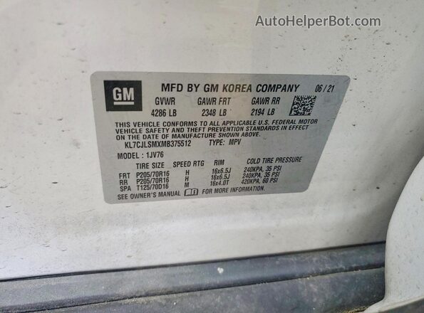 KL7CJLSMXMB375512 2021 CHEVROLET TRAX White Widok komory silnika