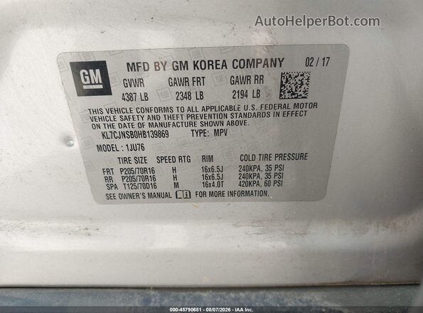 KL7CJNSB0HB139869 2017 CHEVROLET TRAX Silver ძრავის განყოფილების ხედი