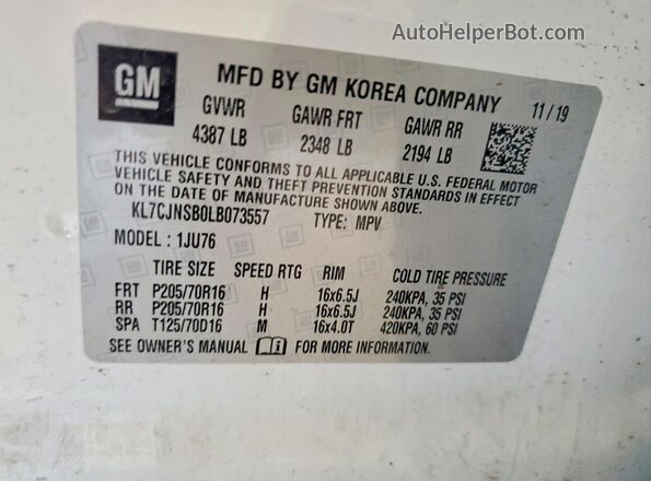 KL7CJNSB0LB073557 2020 CHEVROLET TRAX White სალონის 360-გრადუსიანი ხედი