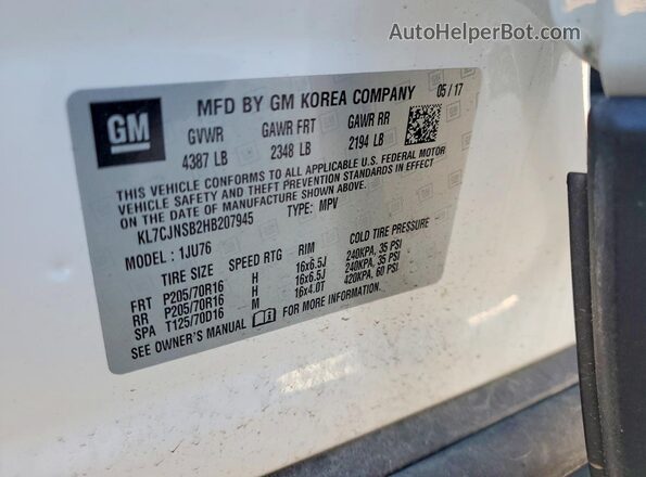 KL7CJNSB2HB207945 2017 CHEVROLET TRAX White VIN კოდის სტიკერის ხედი