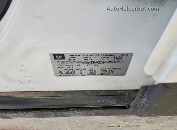 KL7CJNSB3JB717209 2018 CHEVROLET TRAX Белый Вид наклейки с VIN-кодом
