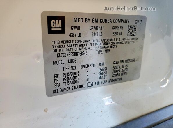 KL7CJNSB5HB158546 2017 CHEVROLET TRAX Белый Вид наклейки с VIN-кодом