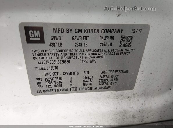 KL7CJNSB6HB220536 2017 CHEVROLET TRAX White Вид підкапотного простору
