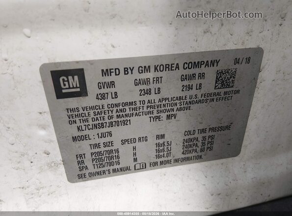 KL7CJNSB7JB701921 2018 CHEVROLET TRAX Белый Вид подкапотного пространства