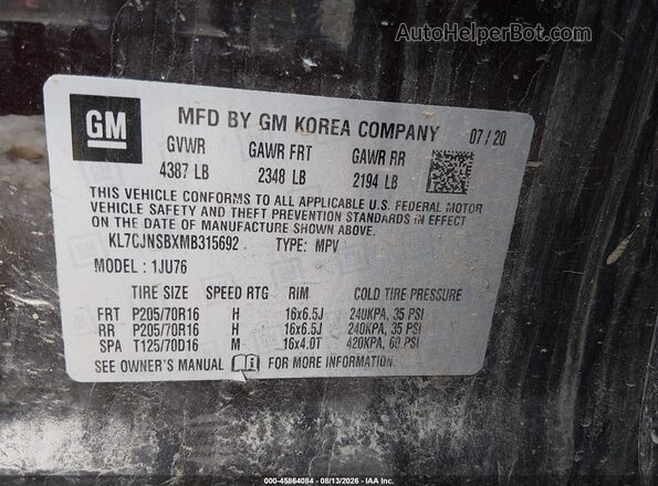 KL7CJNSBXMB315692 2021 CHEVROLET TRAX Burgundy ძრავის განყოფილების ხედი