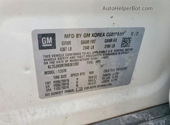 KL7CJNSM7MB361269 2021 CHEVROLET TRAX White Vista de la etiqueta del VIN