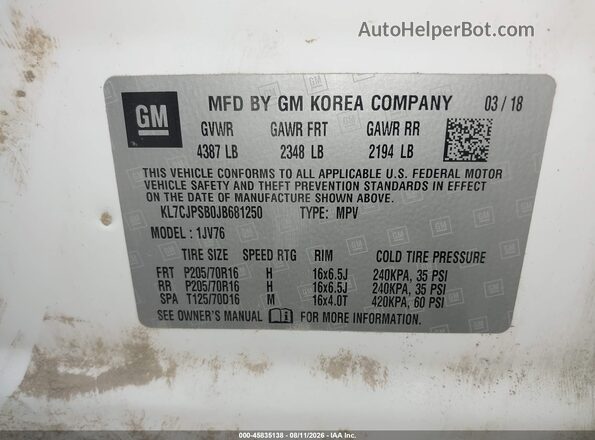 KL7CJPSB0JB681250 2018 CHEVROLET TRAX White ძრავის განყოფილების ხედი