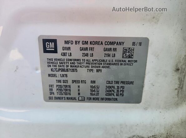 KL7CJPSB0JB712075 2018 CHEVROLET TRAX Белый Вид наклейки с VIN-кодом