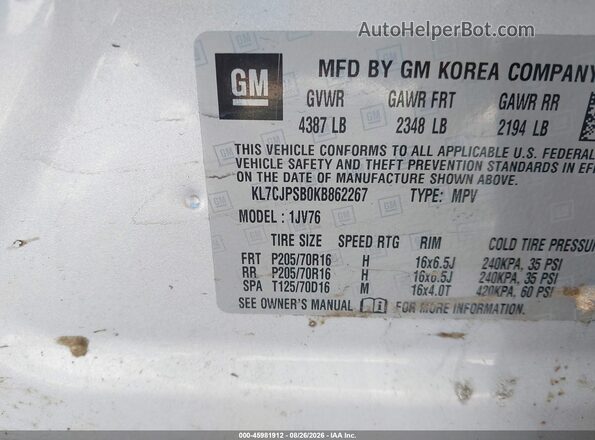 KL7CJPSB0KB862267 2019 CHEVROLET TRAX Silver Vista del compartimento del motor