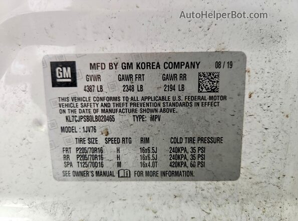 KL7CJPSB0LB020465 2020 CHEVROLET TRAX White VIN კოდის სტიკერის ხედი