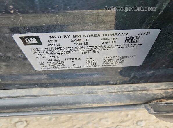 KL7CJPSB1MB354392 2021 CHEVROLET TRAX Charcoal VIN კოდის სტიკერის ხედი
