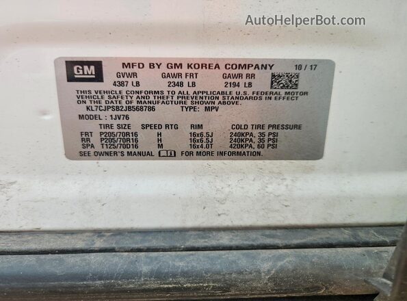 KL7CJPSB2JB568786 2018 CHEVROLET TRAX Белый Вид наклейки с VIN-кодом