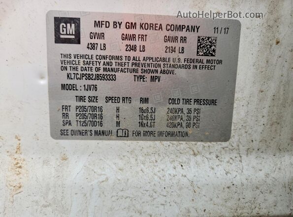 KL7CJPSB2JB593333 2018 CHEVROLET TRAX White VIN sticker view