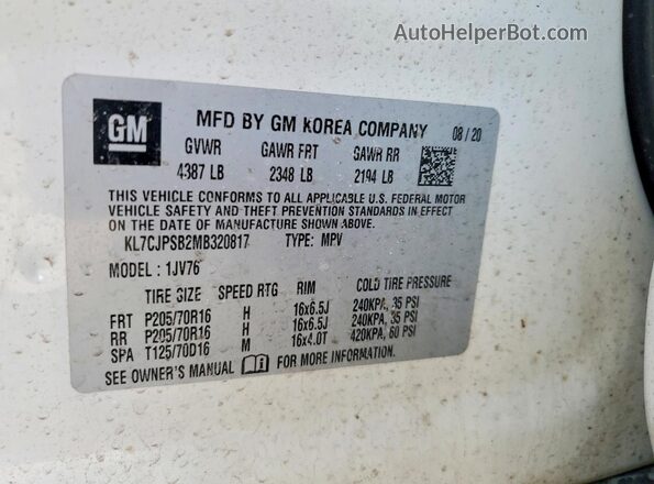 KL7CJPSB2MB320817 2021 CHEVROLET TRAX White 