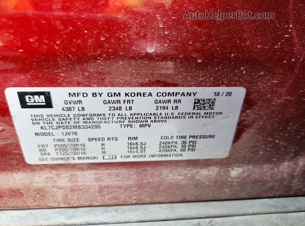 KL7CJPSB2MB334295 2021 CHEVROLET TRAX Red VIN կոդի պիտակի տեսք