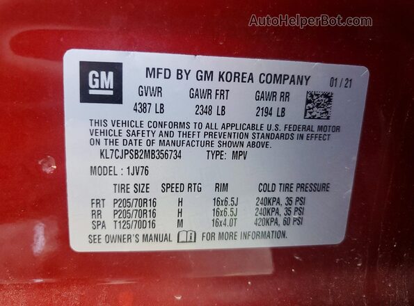 KL7CJPSB2MB356734 2021 CHEVROLET TRAX Темно-бордовый Панорамный вид салона 360°