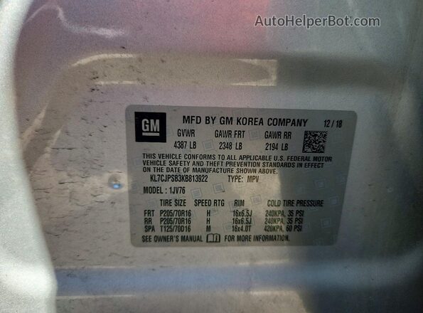 KL7CJPSB3KB813922 2019 CHEVROLET TRAX Серебряный Панорамный вид салона 360°