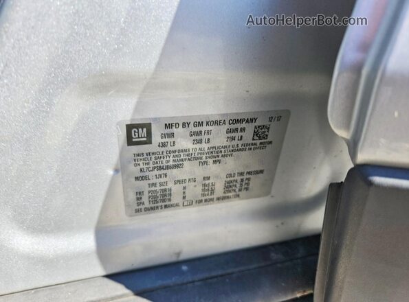 KL7CJPSB4JB609922 2018 CHEVROLET TRAX Silver 