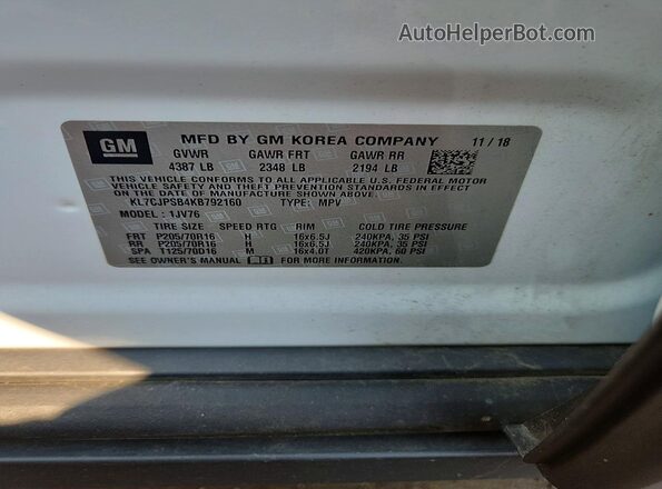 KL7CJPSB4KB792160 2019 CHEVROLET TRAX White Вид наклейки з VIN-кодом