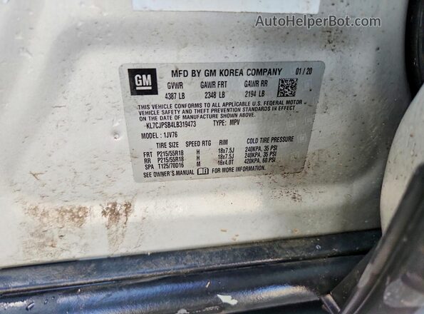 KL7CJPSB4LB319473 2020 CHEVROLET TRAX Серебряный Вид наклейки с VIN-кодом