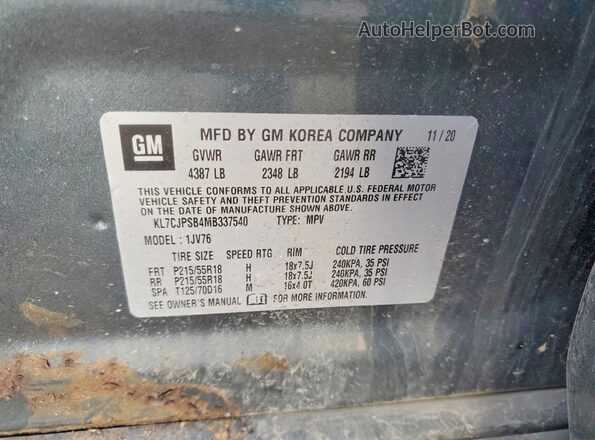 KL7CJPSB4MB337540 2021 CHEVROLET TRAX Gray VIN կոդի պիտակի տեսք