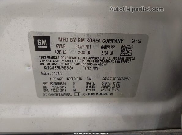 KL7CJPSB5JB685830 2018 CHEVROLET TRAX Silver Вид підкапотного простору