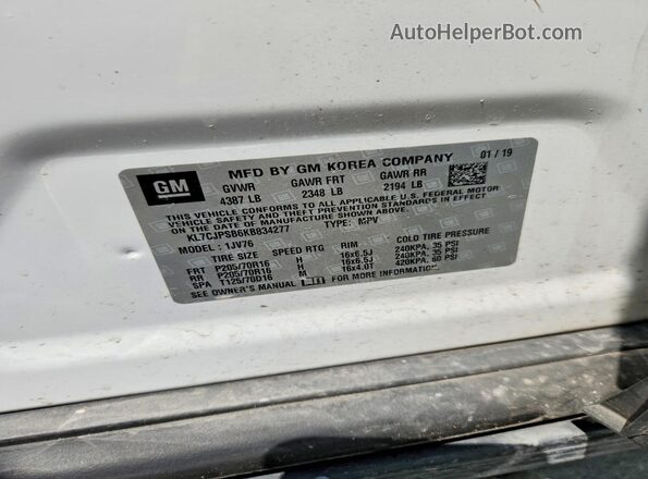 KL7CJPSB6KB834277 2019 CHEVROLET TRAX Белый Панорамный вид салона 360°
