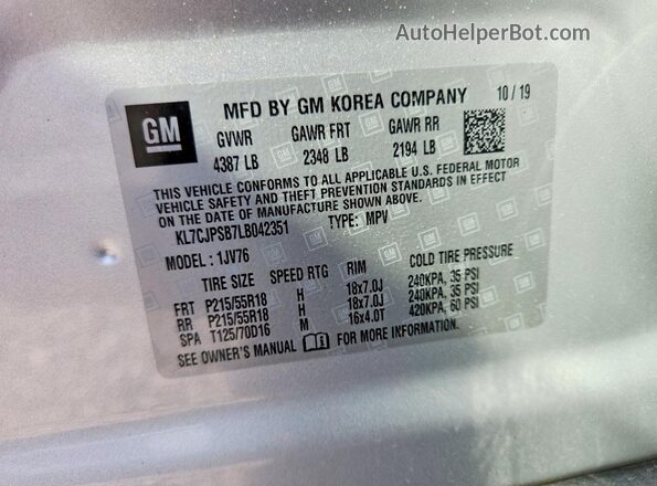 KL7CJPSB7LB042351 2020 CHEVROLET TRAX Серебряный Вид наклейки с VIN-кодом