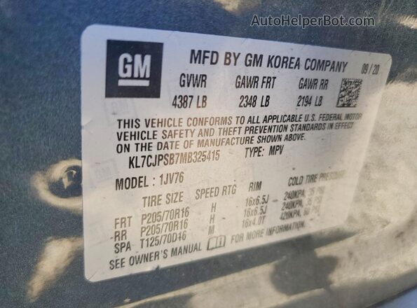 KL7CJPSB7MB325415 2021 CHEVROLET TRAX Charcoal VIN sticker view