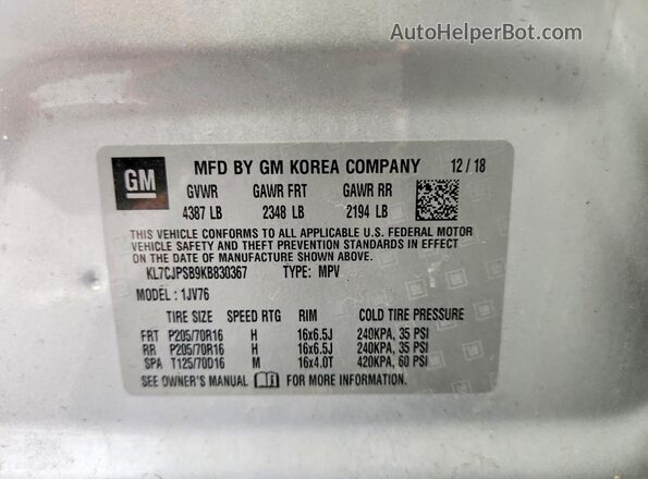 KL7CJPSB9KB830367 2019 CHEVROLET TRAX Silver Widok naklejki z numerem VIN