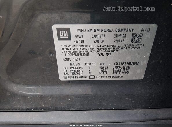 KL7CJPSB9KB839408 2019 CHEVROLET TRAX Black ძრავის განყოფილების ხედი