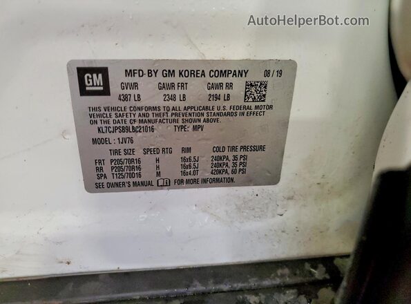 KL7CJPSB9LB021016 2020 CHEVROLET TRAX White VIN კოდის სტიკერის ხედი