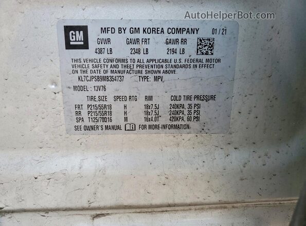 KL7CJPSB9MB354737 2021 CHEVROLET TRAX Silver VIN կոդի պիտակի տեսք