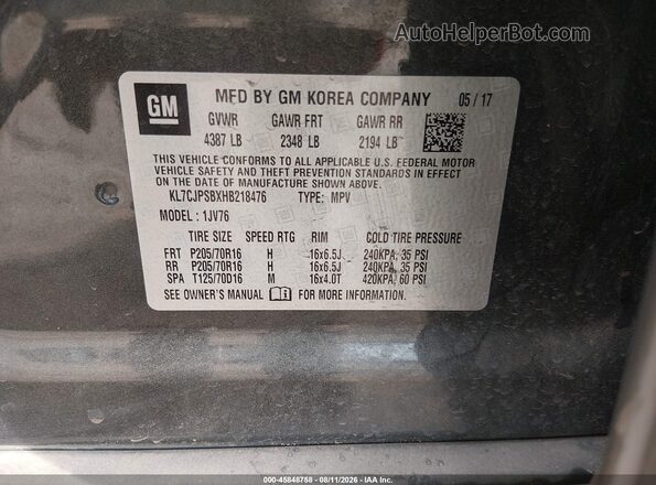 KL7CJPSBXHB218476 2017 CHEVROLET TRAX Gray Vista del compartimento del motor