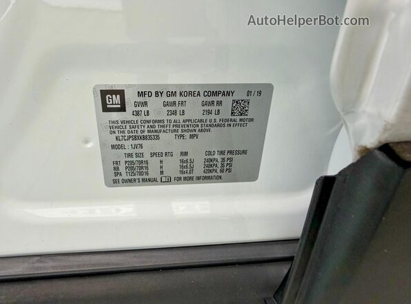 KL7CJPSBXKB835335 2019 CHEVROLET TRAX White უკანა სალონის ხედი