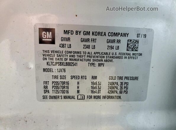 KL7CJPSBXLB002541 2020 CHEVROLET TRAX Silver Widok naklejki z numerem VIN