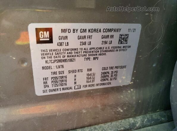 KL7CJPSM0NB510621 2022 CHEVROLET TRAX Brown VIN sticker view