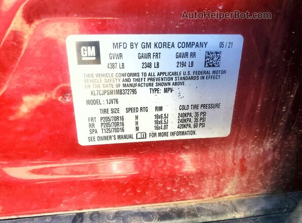 KL7CJPSM1MB372795 2021 CHEVROLET TRAX Red Widok naklejki z numerem VIN