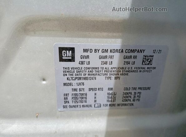 KL7CJPSM1NB512474 2022 CHEVROLET TRAX Silver Vista del compartimento del motor