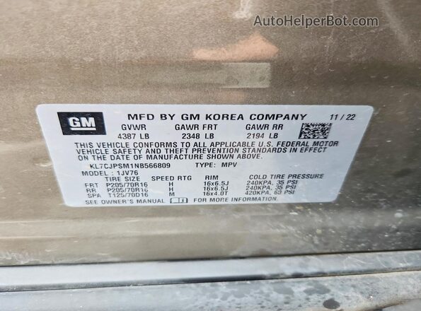 KL7CJPSM1NB566809 2022 CHEVROLET TRAX Серый Вид наклейки с VIN-кодом